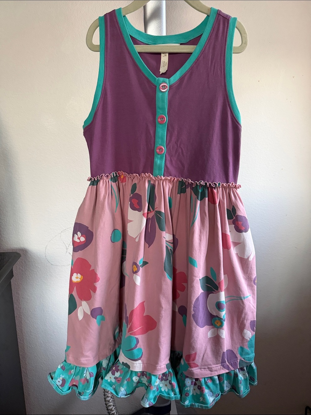 Matilda Jane Purple & Pink Floral Tank Dress with Teal Trim